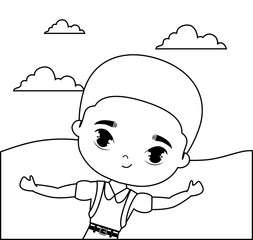 cute little student boy in landscape scene