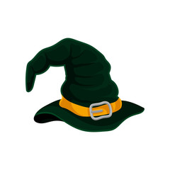 Dark green wizard hat with yellow ribbon. Vector illustration on white background.