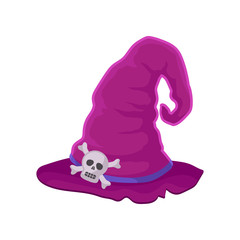 Old lilac wizard hat with blue ribbon. Vector illustration on white background.