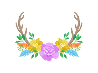 Compositions of purple roses, orange flowers,deer horns, feathers and leaves. Vector illustration on white background.