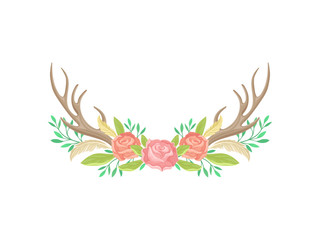Obraz premium Compositions of roses, horns, feathers and green leaves. Vector illustration on white background.