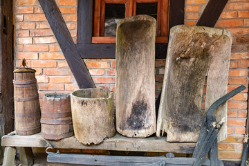 Naklejka premium Wooden tub for washing underwear. Wooden bathtub for everyday use.