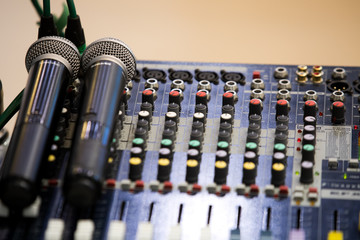 microphone on sound mixer out of focus background