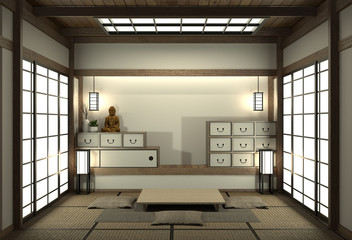 Mock up Japan room with tatami mat floor and decoration japan style was designed in japanese style.3d rendering