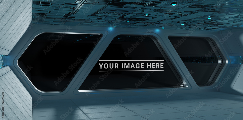 Poster blue spaceship interior control panel station 3d rendering