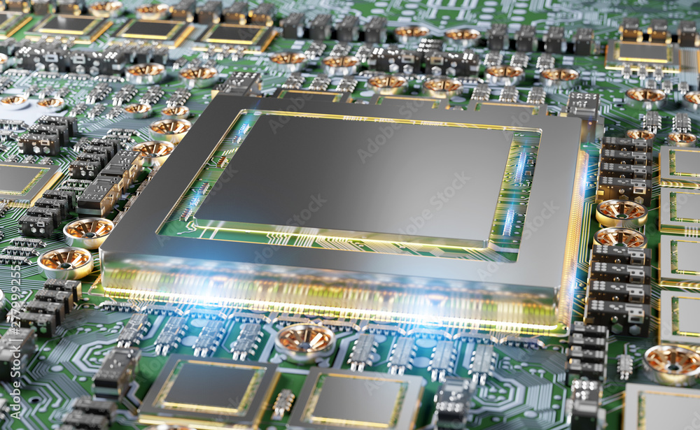 Fototapete close-up view of a modern gpu card with circuit 3d rendering