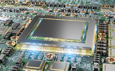 Close-up view of a modern GPU card with circuit 3D rendering
