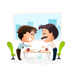 Two smiling men making a deal, cartoon style