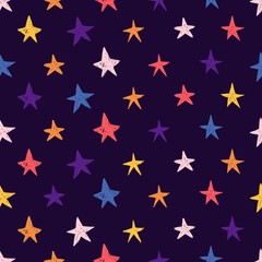Cute Seamless pattern with space elements. Cartoon style wallpaper with colourful cosmic stars. Children's background with hand-drawn constellation. Vector
