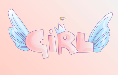 Cute word Girl in soft pastel colors, cartoon Girls word with crown and angel wings. Princess girl with wings, pink word with crown. Girl cute cartoon concept with angel blue wings