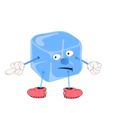 Funny cartoon blue ice cube with eyes, hands and feet in shoes, showing an indecent gesture with a finger.