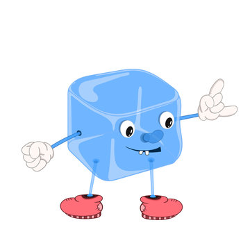 Funny cartoon blue ice cube with eyes, hands and feet in shoes, smiling and showing a positive gesture with two fingers.