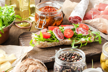 Sandwich preparation table. Close up