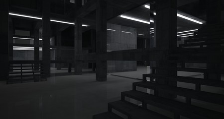 Abstract architectural concrete interior of a minimalist house with neon lighting. 3D illustration and rendering.