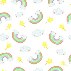 Vector seamless pattern Hand drawn illustration of a rainbow out of the clouds.