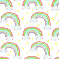 Vector seamless pattern Hand drawn illustration of a rainbow out of the clouds.