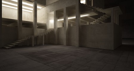 Abstract architectural brown and beige concrete interior of a minimalist house with neon lighting. 3D illustration and rendering.