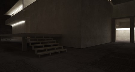 Abstract architectural brown and beige concrete interior of a minimalist house with neon lighting. 3D illustration and rendering.