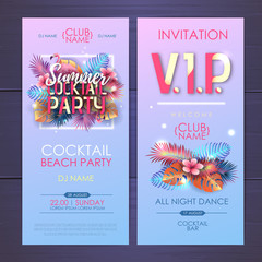 Summer disco cocktail party typography poster with flamingo and fluorescent tropic leaves. Invitation design. Nature concept