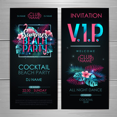 Summer disco beach party typography poster with flamingo and fluorescent tropic leaves. Invitation design. Nature concept