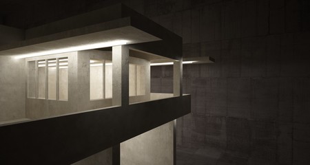 Obraz premium Abstract architectural brown and beige concrete interior of a minimalist house with neon lighting. 3D illustration and rendering.