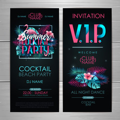 Summer cocktail party typography poster with flamingo and fluorescent tropic leaves. Invitation design. Nature concept
