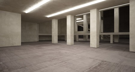 Abstract architectural brown and beige concrete interior of a minimalist house with neon lighting. 3D illustration and rendering.