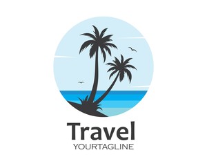 Naklejka premium Palm tree icon of summer and travel logo vector illustration