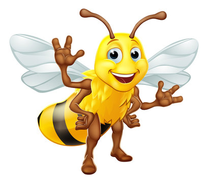 A bumble bee or honey bumblebee cartoon character insect standing and waving