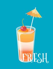 Cocktail jelly shot with cherry on top. Fresh sweet drink ads concept. Vector illustration.