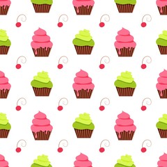 Vector Illustration Cupcakes and Cherry Pattern. 
