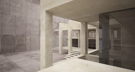 Abstract architectural brown and beige concrete interior of a minimalist house with white background . 3D illustration and rendering