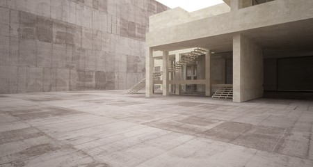 Abstract architectural brown and beige concrete interior of a minimalist house with white background . 3D illustration and rendering