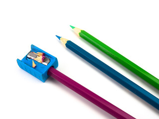 crayon or pencil and sharpener isolated on White Background