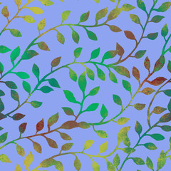 Fototapeta na wymiar Abstract seamless pattern. Beautiful colored silhouette of branches with leaves on a blue background. Delicate wallpaper is ideal for cards, wrapping paper, fabric, scrapbooking, etc.