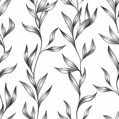 Abstract botanical seamless pattern. Pencil drawing. Decorative branches with leaves on a white background. Delicate wallpaper is ideal for wrapping paper, fabric, scrapbooking, etc. Sketch style.