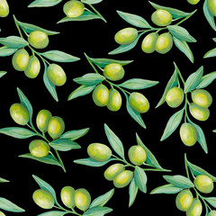 Obraz premium Seamless pattern with green olives on black background. Beautiful hand-drawn wallpaper. Organic food. Realistic acrylic drawings.