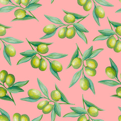 Seamless pattern with  green olives on pink background. Beautiful hand-drawn wallpaper. Organic food. Realistic acrylic drawings.