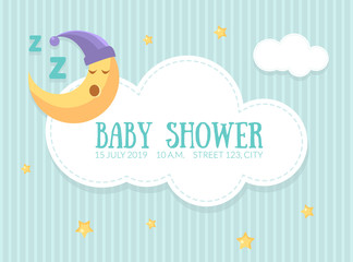 Baby Shower Invitation Template, Cute Card with Sleeping Moon, Cloud and Place For Text Vector Illustration