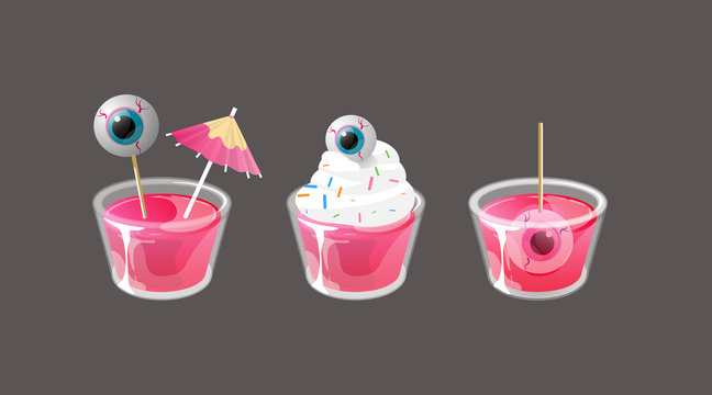 Set Of Halloween Shots. Pink Jelly Cup With Cream Topping, Cocktail Umbrella And Spooky Eye On Stick. Vector Collection Isolated On Gray Background.