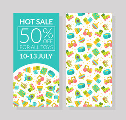 Hot Sale Banner Template, 50 Percent Off for All Toys, Design Element with Childish Pattern for Voucher, Flyer, Coupon Vector Illustration