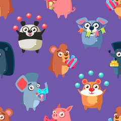 Cute Funny Circus Animals Seamless Pattern, Childish Style Design Element Can Be Used for Fabric, Wallpaper, Packaging Vector Illustration