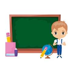 cute little student boy with board and supplies school
