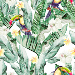 Beautiful watercolor seamless pattern with tropical leaves and banana leaves, tukan birds and hibiscus flowers.  © knopazyzy