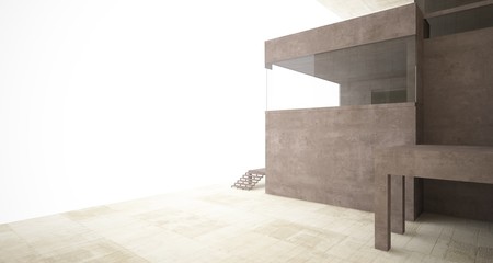 Abstract architectural brown and beige concrete interior of a minimalist house with white background . 3D illustration and rendering.