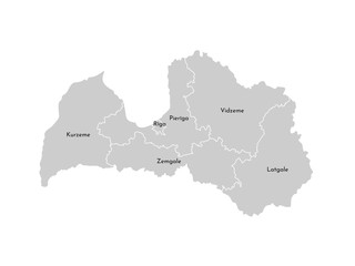 Vector isolated illustration of simplified administrative map of Latvia. Borders and names of the provinces (regions). Grey silhouettes. White outline