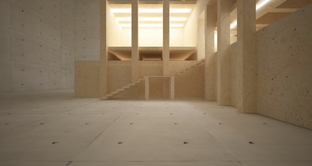 Abstract architectural concrete, coquina and glass interior of a minimalist house with neon lighting. 3D illustration and rendering.