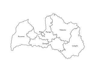 Vector isolated illustration of simplified administrative map of Latvia. Borders and names of the regions. Black line silhouettes