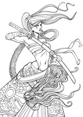Coloring page for adults , Female samurai with a katana and a dragon twining around her