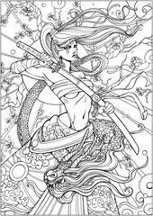 Coloring page for adults , Female samurai with a katana and a dragon twining around her
